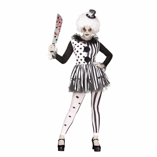 Women's Black & White Killer Clown Costume, Long-Sleeve Dress with Ruffled Collar and Polka Dot Hat, Size: Medium-Large 10-14 | Michaels Women's Black & White Killer Clown Costume, Long-Sleeve Dress with Ruffled Collar and Polka Dot Hat, Size: Medium-Large 10-14 | Michaels